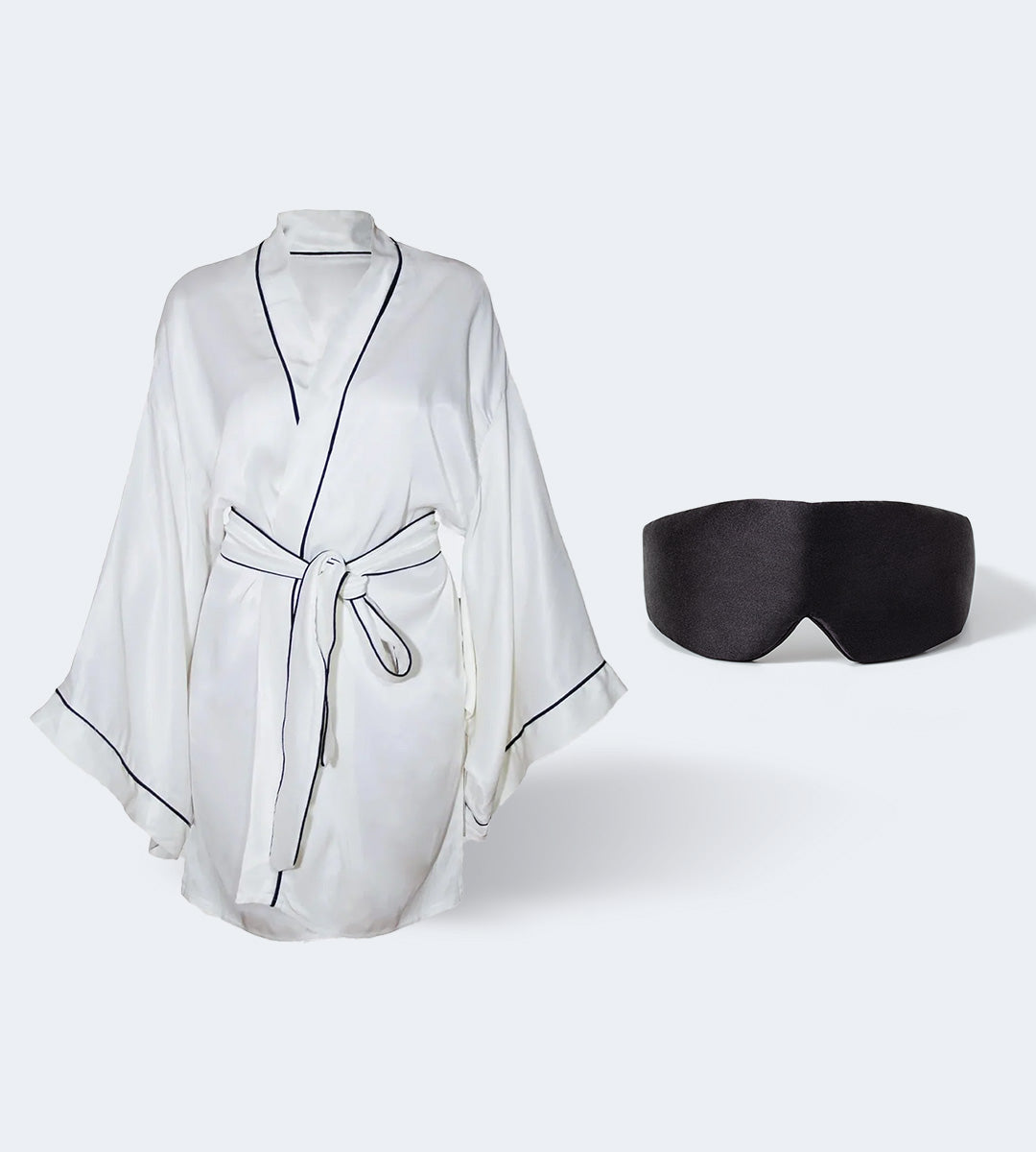 Kimono & Sabahlık Beyaz + %100 İpek Uyku Maskesi Göz Bandı Siyah Seti