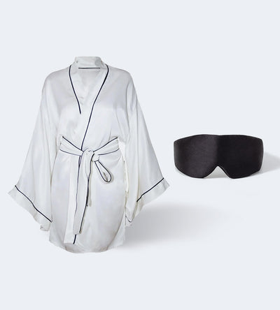 Kimono & Sabahlık Beyaz + %100 İpek Uyku Maskesi Göz Bandı Siyah Seti