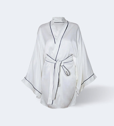 Kimono & Sabahlık Beyaz + %100 İpek Uyku Maskesi Göz Bandı Siyah Seti